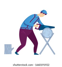 Carpenter flat color vector faceless character. Man hand sawing tree trunk. Craftsman with timber. Lumberjack work process. Workshop desk. Home repair isolated cartoon illustration