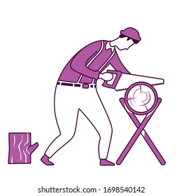 Carpenter flat silhouette vector illustration. Housekeeping DIYs. Handyperson with saw. Lumberjack 2D isolated outline character on white background. Home repairs simple style drawing