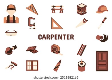 Carpenter Flat Vetor Ilustração Ícone Adesivo Conjunto Materiais de Design