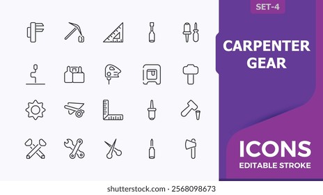 Carpenter Gear linear icon collection. Contains related to house, tool, industry, carpentry, construct and more. Outline symbol collection. Minimalist editable stroke. Vector illustration.