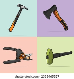 Carpenter Hammer, Ax Hammer, Hammer and Cable Cutter  working elements collection vector illustration. Gardening and Construction working tools object icon concept. Forest wood cutting hammer vector. 