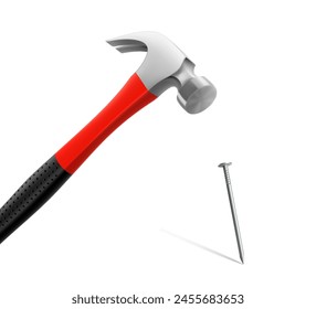 Carpenter hammer driving a nail, isolated on white background. Fitter's hammer for chiselling and driving in nails and dowels as well as for joining components. Realistic 3d vector illustration