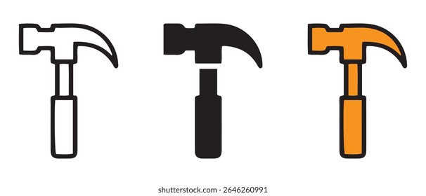 Ícone de martelo carpinteiro. Linha, glifo e versão colorida de contorno preenchido, contorno de martelo de garra e sinal de vetor preenchido. Símbolo, ilustração de logotipo. Definição de ícones de estilo diferente. Vetor perfeito de pixel.