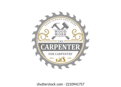 Carpenter hammer logo circular saw plane wood vintage badge illustration symbol woodwork industrial