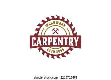 Carpenter Hammer Logo Circular Saw Plane Wood Vintage Badge Illustration Symbol Lumberjack Woodwork Industrial 