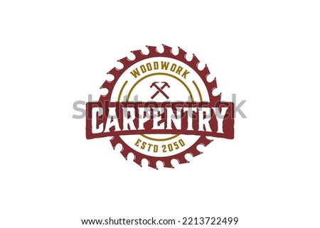 Carpenter hammer logo circular saw plane wood vintage badge illustration symbol lumberjack woodwork industrial 