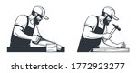 Carpenter with hammer and nail. Worker sawing wood plane. Vector vintage illustration.