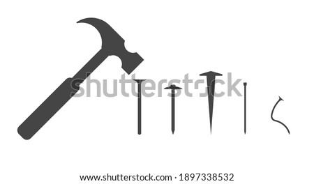 Carpenter hammer and several different types of nails. Bent nail. Vector silhouette illustration.