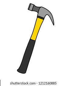 Carpenter hammer. Typical simplistic hammer tool. Carpenter hammer flat, line style. Yellow and black color. Vector illustration isolated on white background.