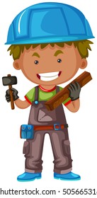 Carpenter with hammer and wood illustration