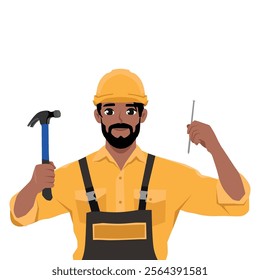 Carpenter hammering a nail. Handyman with hammer and nail. Flat Vector character illustration