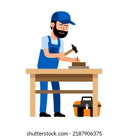 Tischler hämmert einen Nagel auf der Werkbank. Cartoon Handyman bei der Arbeit. Vektorgrafik