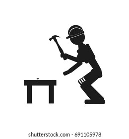 The carpenter hammers a nail Vector black icon on white background.