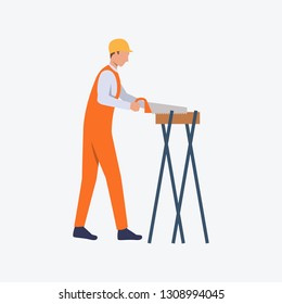 Carpenter with hand saw flat icon. Handyman, worker, woodwork. Labor concept. Can be used for topics like craft, workshop, industry
