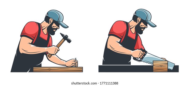 Carpenter with hand saw and wood plane. Worker handyman with hammer and nail. Vector vintage illustration.
