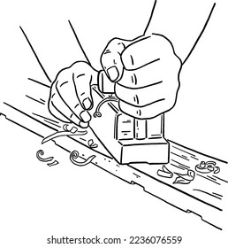 Carpenter Hand shaving wood People craft man work Hand drawn line art Illustration