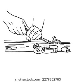 Carpenter Hand shaving wood People craft man work Hand drawn line art Illustration