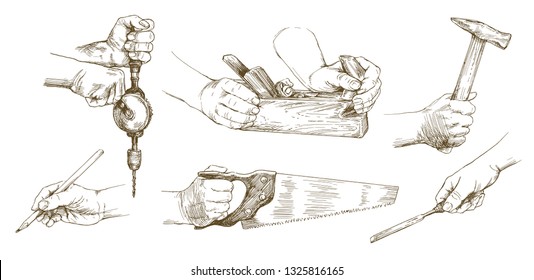 Carpenter hands working with a chisel and carving tools.