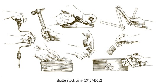 Carpenter hands working with a chisel and carving tools.