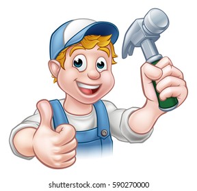 A carpenter handyman cartoon character holding a hammer and giving thumbs up