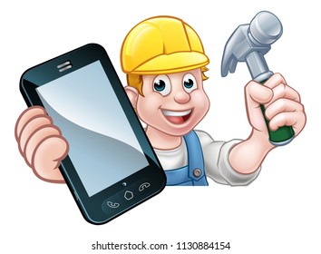 A carpenter or handyman holding a hammer and phone with copyspace