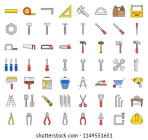 carpenter, handyman tool and equipment icon set, filled outline design