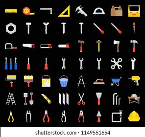 carpenter, handyman tool and equipment icon set, flat design