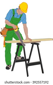 Carpenter in helmet cutting a wooden plank by the saw