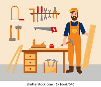 Carpenter in his workplace with work tools. Profession people concept. Carpenter character near desk with wooden boards and tools. Vector illustration.