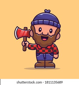 Carpenter Holding Ax Cartoon Vector Icon Illustration. People Profession Icon Concept Isolated Premium Vector. Flat Cartoon Style