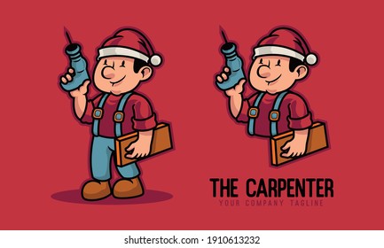 carpenter holding drill and mascot logo wood planks