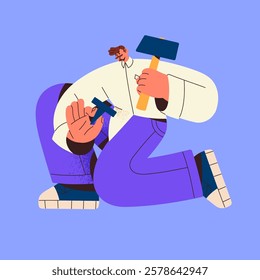 Carpenter holds hammer and nail in hands. Repairman works, hits on nailhead. Man fixes, repairs smth with housekeeping tool, instrument, equipment. Handyman service. Flat isolated vector illustration