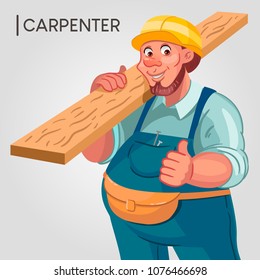 Carpenter holds a log house. In the blue uniform. Cartoon style.