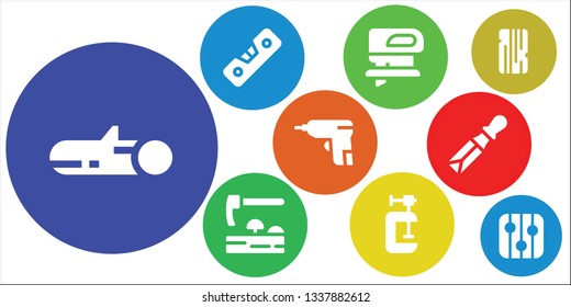 carpenter icon set. 9 filled carpenter icons.  Collection Of - Wood, Level, Fretsaw, Adze, Clamp, Caulk gun, Chisel, Levels