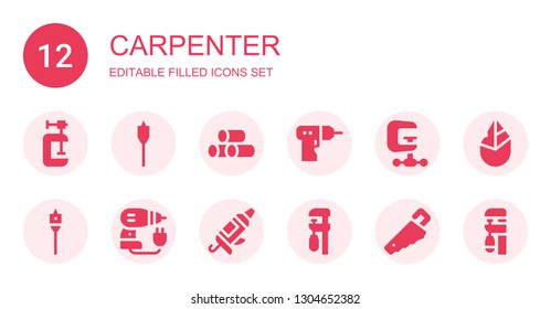 carpenter icon set. Collection of 12 filled carpenter icons included Clamp, Auger, Wood, Driller, Caulk gun, Handsaw, Hand axe