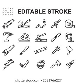 Carpenter icon set. Contains carpenter's tool icons. Thin line vector.