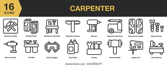 Conjunto de iconos de carpintero. Incluye plano, carpintero, taladro, botella de pegamento, martillo, clavo, herramienta de rompecabezas y más. Colección de Vector de iconos de contorno.