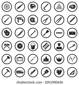 Carpenter Icons. Black Flat Design In Circle. Vector Illustration.