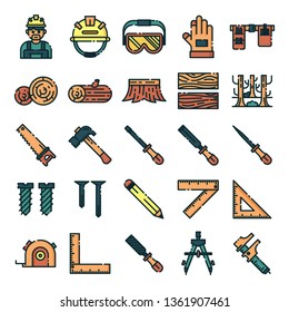 Carpenter icons pack. Isolated carpenter and woodworking symbols collection. Graphic icons element