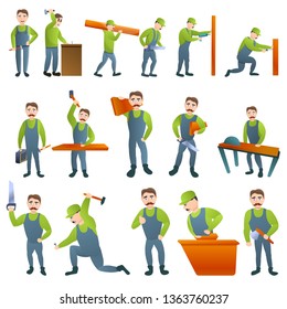 Carpenter icons set. Cartoon set of carpenter vector icons for web design