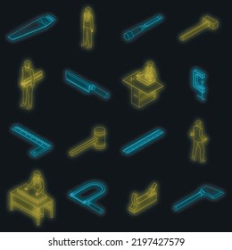 Carpenter icons set. Isometric set of carpenter vector icons neon color on black