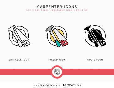 Carpenter icons set vector illustration with solid icon line style. Hammer tool building concept. Editable stroke icon on isolated background for web design, user interface, and mobile application