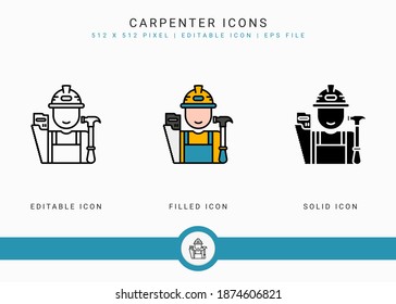 Carpenter icons set vector illustration with solid icon line style. Man with hammer concept. Editable stroke icon on isolated background for web design, user interface, and mobile application