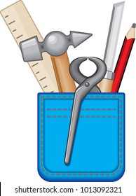 Carpenter instruments, woodworking tools in a denim pocket isolated on white background. Vector illustration