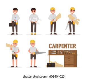 Carpenter, joiner, foreman, engineer and woodworker elements collection with various people actions. Vector illustration in flat style
