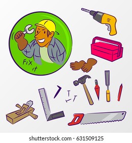 Carpenter labour tool collection set cartoon style