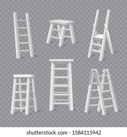 Carpenter ladders. Vector white ladder set, stepladders and stairs constructions for repair