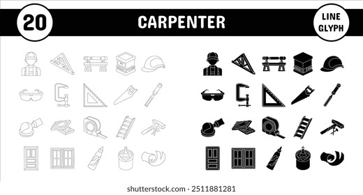 Linha de carpinteiro Glifo Vetor Ilustração Ícone Adesivo Conjunto Design Materiais