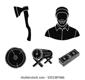 Carpenter, log on supports, ax, cut logs. Sawmill and timber set collection icons in black style vector symbol stock illustration web.