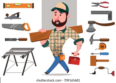 Carpenter with a log and a set of tools for woodworking and repair: hammer, saw, axe, etc. Vector cartoon character of a craftsman.